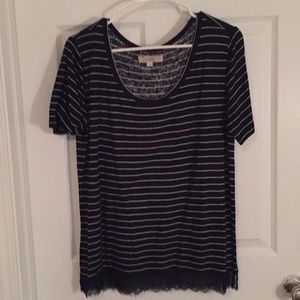 Ann Taylor LOFT Navy and White Stripe Tee Lace